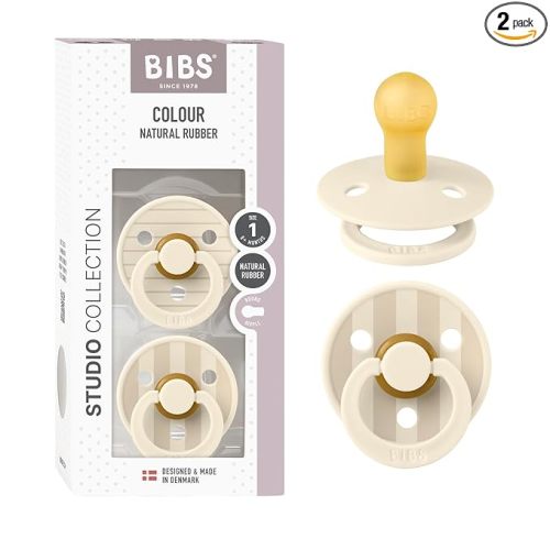 BIBS Pacifiers - Studio 2 Pack | Round Nipple Baby Pacifier | BPA Free Natural Rubber Latex Soother | Made in Denmark | Size 0+ Months | Pin Ivory Vanilla