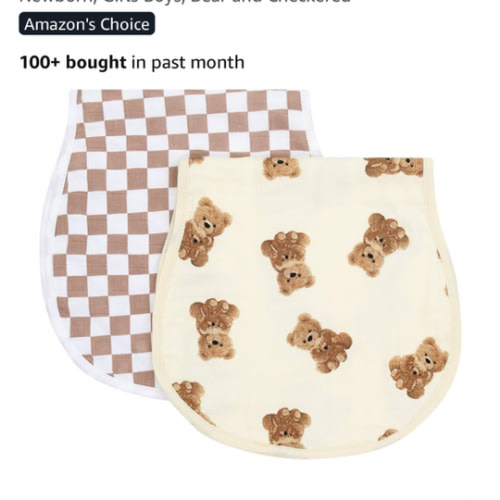 LifeTree Muslin Baby Burp Cloths - 2 Pack 70% Viscose from Bamboo and 30% Cotton Large 22'' by 10'' Absorbent Milk Spit Up Rags - Burping Cloths for Newborn, Girls Boys, Bear and Checkered