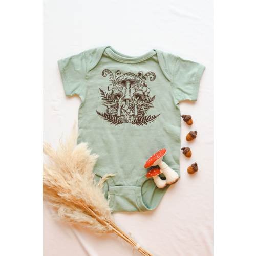 Mushroom Baby Bodysuit: Cottagecore Forest Print, Sage Green Cotton