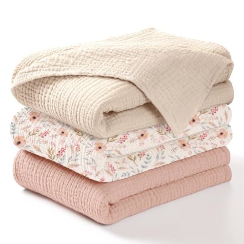 lulumoon Muslin Swaddle Blankets for Baby: Lightweight & Breathable Receiving Blankets for Hospital - Neutral Registry Gift for Newborn 3pack (WhitePinkFlower)