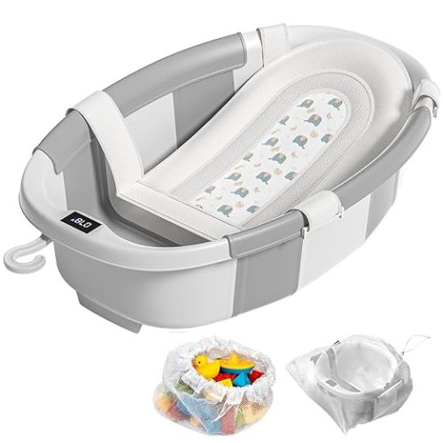 Collapsible Baby Bathtub with Soft Cushion and Thermometer, Newborn to Toddler Tub 0-36 Months with Toy Storage Mesh Bag, Portable Travel Bath for Infants (Grey)