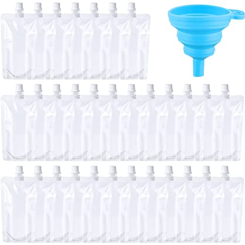 Patelai 150 Pieces Plastic Liquid Pouch Reusable Juice Pouches Travel Water Pouch Leak Proof Bags Bulk with Collapsible Silicone Funnel for Travel Outdoor (16 oz)