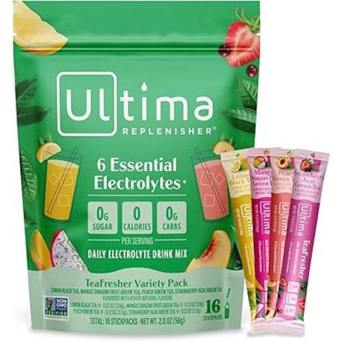 Ultima Replenisher TeaFresher Daily Electrolytes Powder and Instant Tea Mix – Sugar Free – Variety Pack, 16 Stickpacks - Hydration Packets with 4 Fruit and Tea Fusions, 6 Key Electrolytes