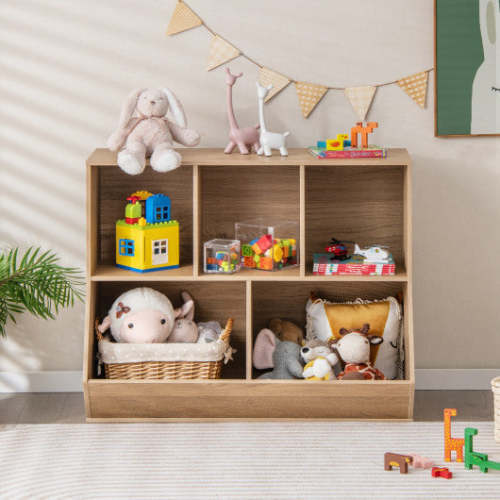 COSTWAY 5-Cube Wooden Kids Toy Storage Organizer With Anti-Tipping Kits-Natural