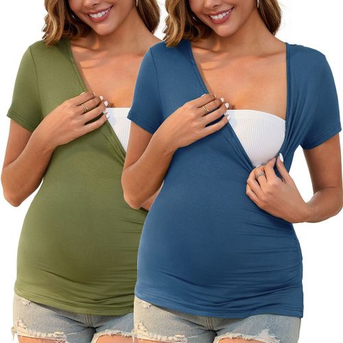 Women's 2 Pack Maternity Top Ruched Cross V Neck Faux Wrap Short Sleeve Nursing Blouse T-Shirt