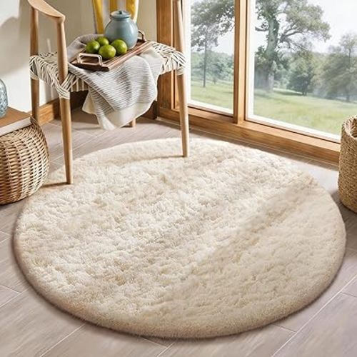 Ophanie Round Rug 3Ft Ivory Circle Area Rugs, Fluffy Fuzzy Small Bedroom Carpet 3 Foot, Plush Shag Floor Cream Living Room Circular Aesthetic Decor for Kids Teen Boys Baby Girls, Nursery,Classroom