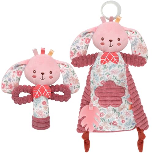 GKDOMS Baby Lovey Rabbit Stuffed Animal for Infant Boys and Girls, Security Blanket and Hand Shaker Set Newborn Stuffed Hanging Animal Plush Snuggle Toy Baby Showers Thank You Gifts