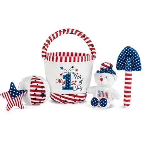 Genius Baby Toys American Flag Toy and USA Plush Playset - My 1st 4th of July Baby Toys - Soft Plush Sand Bucket with 4 Sensory Infant Toys - Fun Beach Toy - Perfect for Small Hands