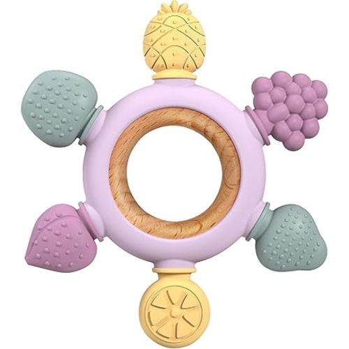 GJZZ Baby Teething Toys Silicone Teethers BPA Free Fruit Shape with Wooden Ring Soothe Babies Gums for 0-3 6-12 Months Infants & New Borns