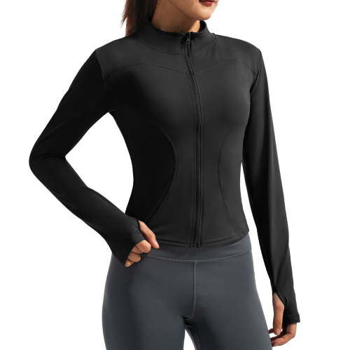 Hipuroga Womens Lightweight Cropped Workout Jackets Zip Up Slim Fit Yoga Jacket with Thumb Holes for Athletic Running Black M
