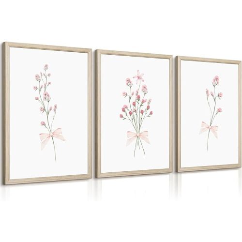 Nursery Flower Wall Art Girl Floral Canvas Wall Decor Boho Wildflower Art Poster Pink Bow Pictures Nursery Floral Prints Vintage Botanical Artwork for Girls Room Bedroom 12x16 Inch Wood Framed 3Pcs