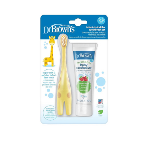 Dr. Brown's Infant-to-Toddler Training Toothbrush Set with Fluoride-Free Baby Toothpaste, Strawberry - Giraffe - 1.4oz - 0-3 years