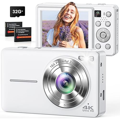 Digital Camera, 4K 64MP Cameras for Photography, Point and Shoot Digital Camera with Auto Focus, Dual Camera, Flash, 16X Zoom, Anti Shake, 32GB Card, Compact Vlogging Camera for Teens, Adults