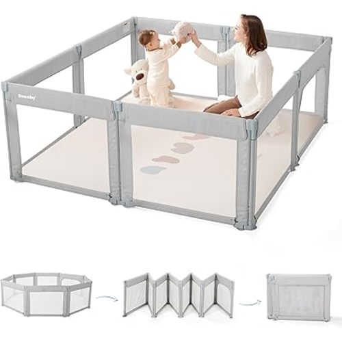 Sweeby Foldable Baby Playpen, 59x59 Playpens for Babies and Toddlers Extra Large Play Yard with Door Baby Fence with Zipper Door and Indoor & Outdoor Play Pen, Light Grey