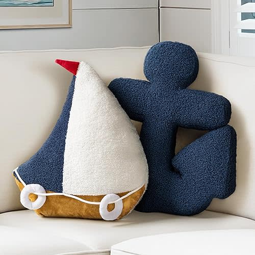 AELS 3D Anchor & Lifebuoy Nautical Throw Pillows, 19.6"& 15.7" Set of 2, Coastal Decor for Beach Enthusiasts Beach House, Ideal for Sofa Couch Living Room Bedroom and Nursery, Navy Blue and White