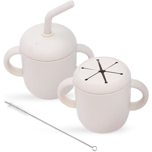 Teo 3-in-1 Baby Sippy & Snack Cup – Spill-Proof Silicone Toddler Cup with Straw & Snack Lid – BPA-Free, Leak-Proof, Dishwasher & Microwave Safe – Easy Grip Training Cup for Babies & Kids - Beige