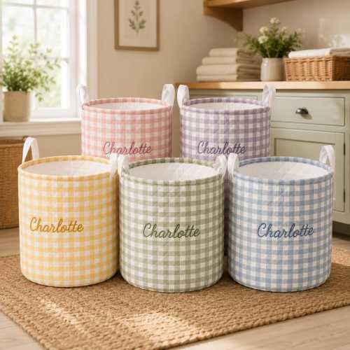 Custom Gingham Quilted Laundry Basket, Personalized Name Laundry Hamper, Nursery Storage Bin, Baby Clothes Basket, Kids Storage