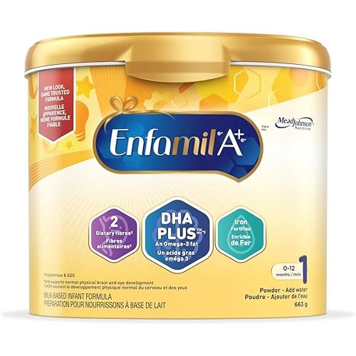 Enfamil A+, Baby Formula, Powder Tub, DHA (a type of Omega-3 fat) to help support brain development, Age 0-12 months, 663g, Packaging May Vary