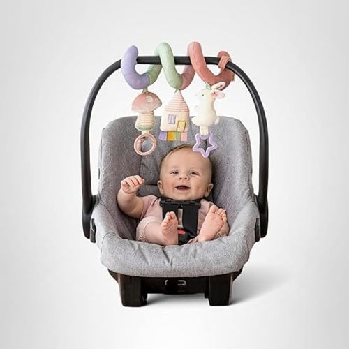 Itzy Ritzy Spiral Car Seat & Stroller Activity Toy - Stroller & Car Seat Toys for Ages 0 Months and Up - Hanging Toys Include Dangling Ring, Mirror and Textured Ribbons (Pastel Rainbow)