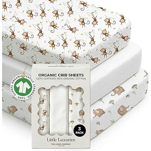 100% Organic Cotton Baby Crib Sheets (3-Pack) – GOTS Certified, Soft Fitted Sheets for Mini Mattress & Pack n Play, 5 in Deep Pocket with Secure Elastic Fit, Boys & Girls, (28" x 55") Safari