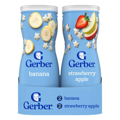 Gerber Baby Snack Puffs, Grain & Grow Puffs, Banana & Apple Strawberry, Variety Pack, 1.48 oz Canisters (4 Pack)