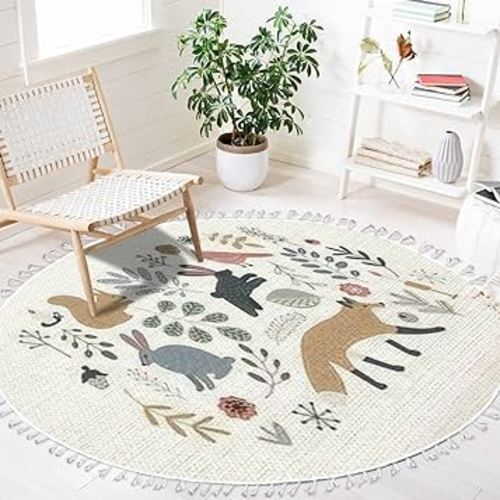 Round Rugs Hand drawn Scandinavian style set forest animals plants clip Boho Area Rug Linen and Cotton Carpet Meditation Rug Washable Hallway Runner Mat Accent Rug for Bedroom Bathroom 4ft