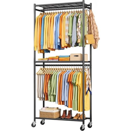Sakugi Clothes Rack - 33.0" x 12.2" x 79.5" Clothing Rack with Shelves & Wheels, Multi-Functional Wardrobe Closet with Hooks, Sturdy Metal Garment Rack for Bedroom, Laundry, Balcony (Black)
