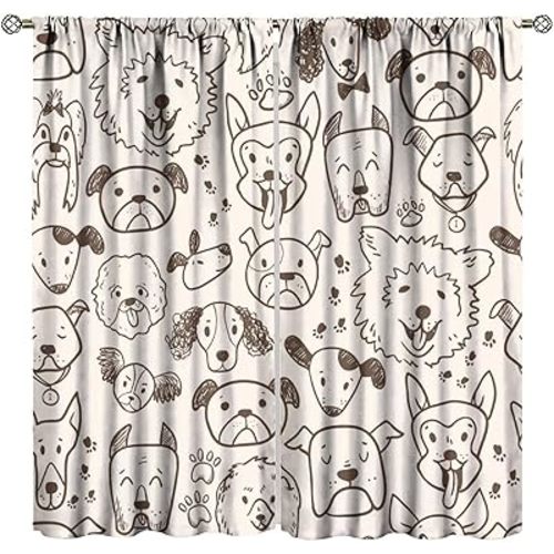 Funny Doodle Dog Curtains for Kids Room Hand Draw Pet Design Cute Modern Elegant Style Rod Pocket Window Treatment for Living Room Boys Nursery Teens Bedroom 26x84in,2 Panel Set