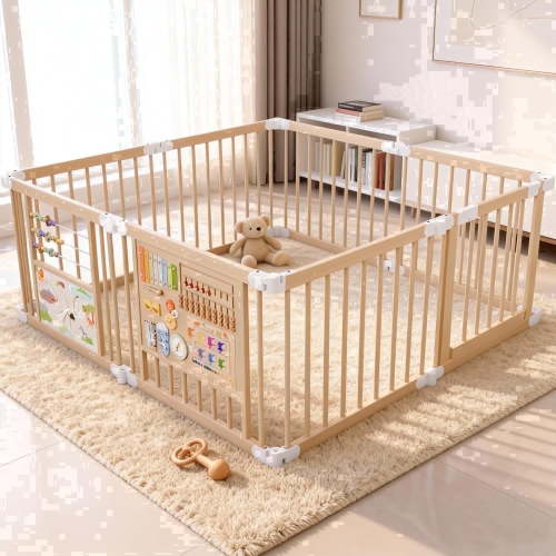 Foldable Wooden Baby Playpen with Gate & 2 Game Boards for Infant Girls & Boys,10+ Toy Set,Adjustable Panel Play Yard Fence for Toddlers,63"x63"x24"