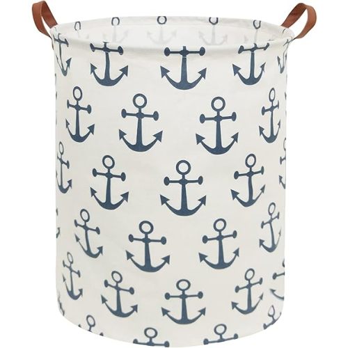HIYAGON Canvas Storage Basket,Large Laundry Hamper with Handles-Collapsible Storage Bin for Kids Room,Nersury Hamper,Toy Storage 19.7×15.7 (Blue Anchor)