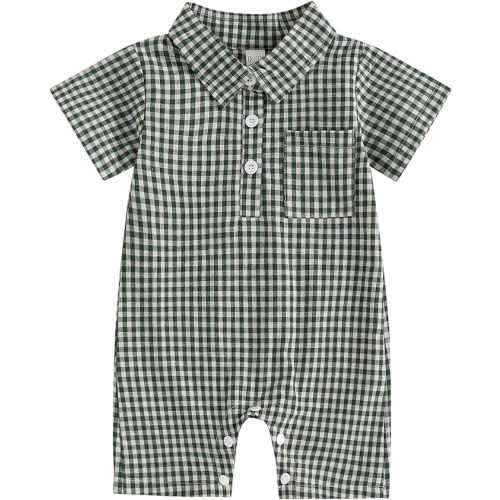 Karuedoo Newborn Baby Boy Clothes Gingham Short Sleeve Collared Romper Jumpsuit Plaid Button Down Bodysuit Summer Outfit