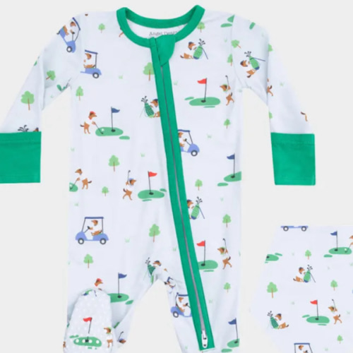 Boy's Dog Gone Golf 2-Way Zip Footie and Bib Set, Size Newborn-9M