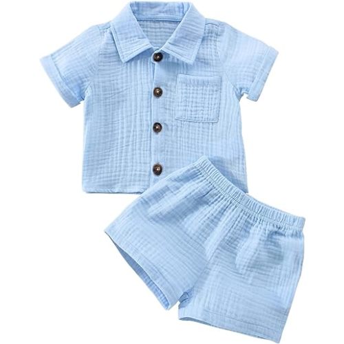 Baby Boys Clothes Set Toddler Infant Boys Button-down Shirt Tops + Cotton Gauze Shorts Summer Outfit 2PCS with Pockets