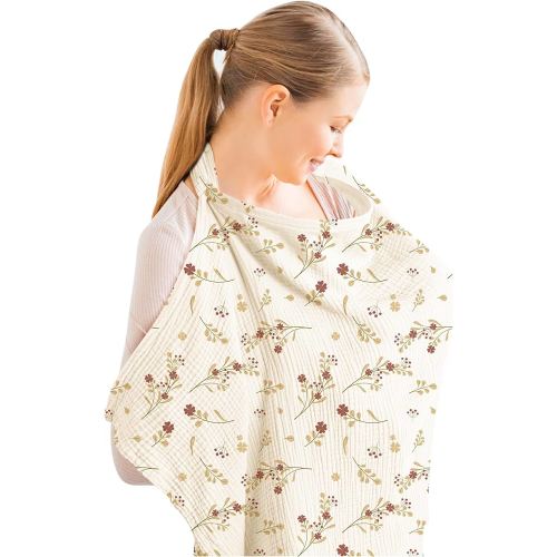 Konssy Muslin Nursing Cover for Baby Breastfeeding, Breathable 100% Cotton Breastfeeding Cover with Rigid Hoop for Mother Nursing Apron, Multi-use Carseat Canopy (Posy)