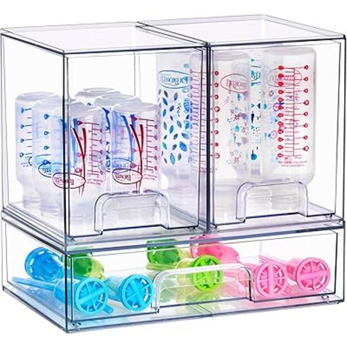 Sorbus Stackable Acrylic Storage Drawers – 2 Tall + 1 Wide – 3 Pack Clear Plastic Organizer Bins for Baby Bottles, Makeup, Bathroom & Vanity, Pull-Out Drawer Design for Kitchen Cabinets