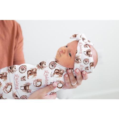 Cowgirl Swaddle Set- Personalized Western Baby Girl Swaddle Blanket with Butterflies and Meadow- Hospital outfit -Newborn Name blanket- S561