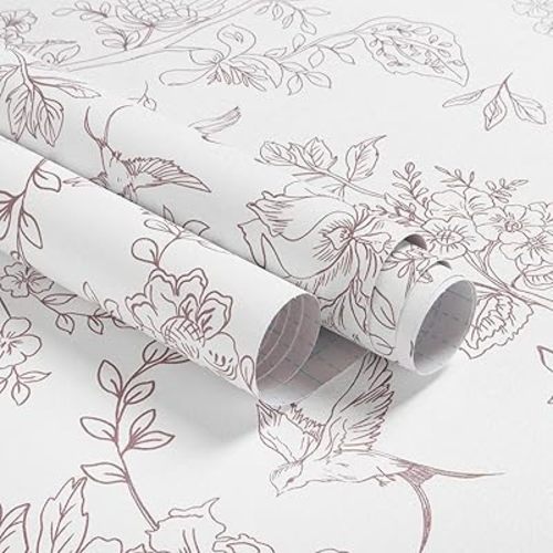 Red and White Floral Peel and Stick Wallpaper 16.9"x196.8" Vintage Floral Contact Paper Peel and Stick Bird Flower Wallpaper Self Adhesive Removable Wall Paper for Cabinets Bathroom Decorative