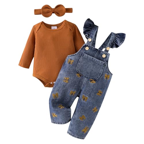 FOCICI Baby Girl Clothes Newborn Romper Infant Jeans Adjustable Suspender Overalls Cute Headband 3Pcs Outfits Set 0-18 Months