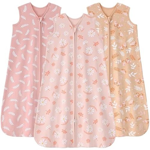Baby Sleep Sack 0-6 months, 100% Cotton Sleeping Sack for Newborn and Infant, 3 Pack Baby Wearable Blanket for Boy and Girl, 0.5 Tog Lightweight Double Zipper Sleep Bag Pink Orange Flower