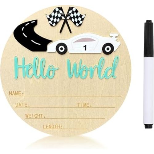Baby Announcement Sign, 5.9 Inch Wooden Hello World Newborn Sign,Welcome Baby Signs,Birth Announcement Signs,Newborn Name Personalized for Photo Prop race car Design Hospital Nursery (Green,White car)