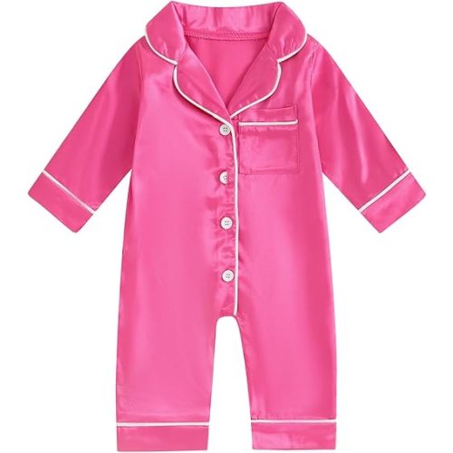 Multitrust Newborn Baby Girl Boy Silk Pajamas Long Sleeve Button Down Satin Infant Pjs One Piece Jumpsuit Loungewear