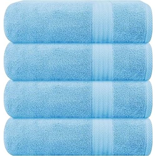 GLAMBURG Premium Cotton 4 Pack Bath Towel Set - 100% Pure Cotton - 4 Bath Towels 27x54 - Ideal for Everyday use - Ultra Soft & Highly Absorbent - Sky Blue