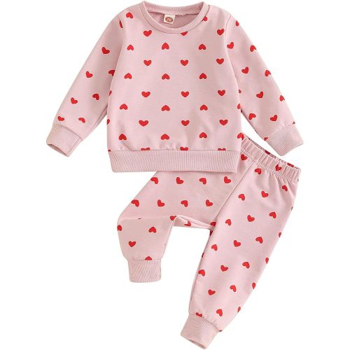 farrubbyine8 Cute Baby Girl Clothes Long Sleeve Print Sweatshirt Top and Pants Set Toddler Girl Fall Outfits (Heart Pink, 0-6 Months)