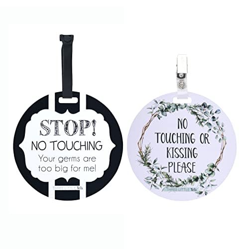 (Three Little Tots) No Touching Baby Car Seat and Stroller Two Pack- Baby Safety No Touching Car Seat Sign, Stroller Sign, Newborn Car Seat Tag- CPSIA Safety Tested (Eucalyptus/Black & White)