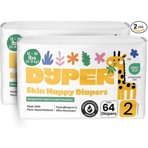 DYPER - Pack of 2 Baby Diapers Size 2 (64 Count) - Leak Proof, Plant Based, Hypoallergenic & Ultra Absorbent Disposable Diaper for Day & Overnight, Skin-Friendly Comfort Size 2 Diapers (12-18 lbs)