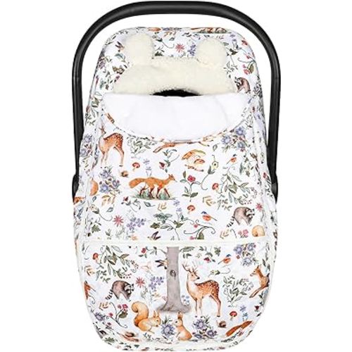 Winter Car Seat Cover Baby Girl Boy, Warm & Windproof Infant Carseat Cover Canopy Protect Baby from Cold Weather, Plush Fleece, Woodland Animals