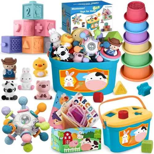 6 In 1 Baby Toys, 6-12 months Baby Toys, 0-6 12-18 Montessori Toddler Gifts For Toddlers, Farm Animals Playset & Teething & Stacking Building Block Cup & Tissue Box & Sensory Bin For Development