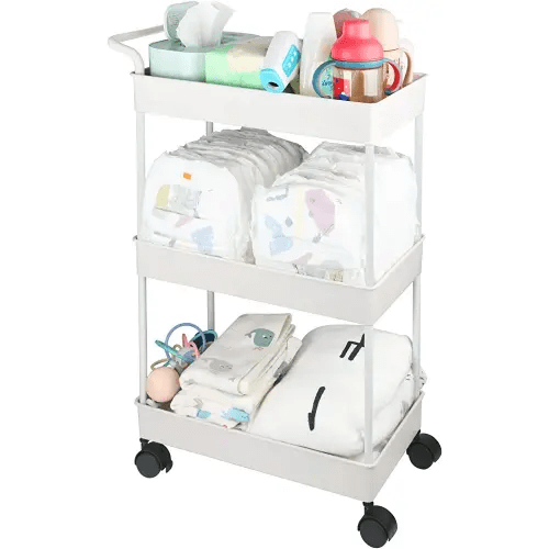 Volnamal Baby Diaper Caddy, Plastic Movable Cart for Newborn Nursery Essentials Baby Diapers Organizer for Changing Table & Crib, Easy to Assemble, Beige