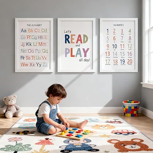 Cute Alphabet Numbers Framed Wall Art Set of 3, Boho Educational ABC Poster Wooden Sign for Baby Girl Kid Boy Toddlers, Neutral Preschool English Letters Nursery Decor for Homeschool Playroom Daycare