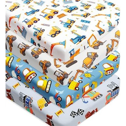 4 Pack Baby Boy Crib Sheets Set Soft Fitted Construction Truck or Dinosaur Theme Baby Boy Mattress Covers Breathable Toddler Sheets for Infant or Newborn Boys (Construction, Crib Sheets)